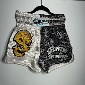 Kids Muay Thai Shorts - Black and White Dragon Design